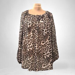 SPLA Boutique Boho Peasant Tie Front Cheetah Print Blouse, Size 2X
